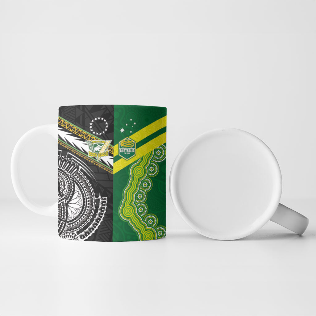 Custom Rugby Cook Islands and Australia Ceramic Mug Tatau Tribal with Aboriginal Chevron Sport Style