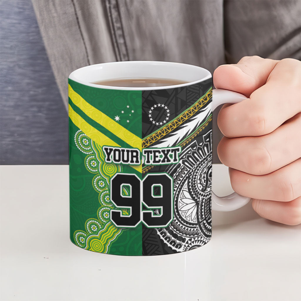 Custom Rugby Cook Islands and Australia Ceramic Mug Tatau Tribal with Aboriginal Chevron Sport Style