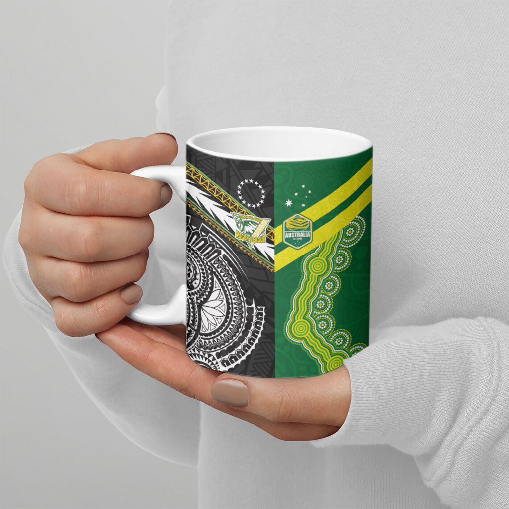 Custom Rugby Cook Islands and Australia Ceramic Mug Tatau Tribal with Aboriginal Chevron Sport Style