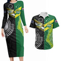 Custom Rugby Cook Islands and Australia Couples Matching Long Sleeve Bodycon Dress and Hawaiian Shirt Tatau Tribal with Aboriginal Chevron Sport Style