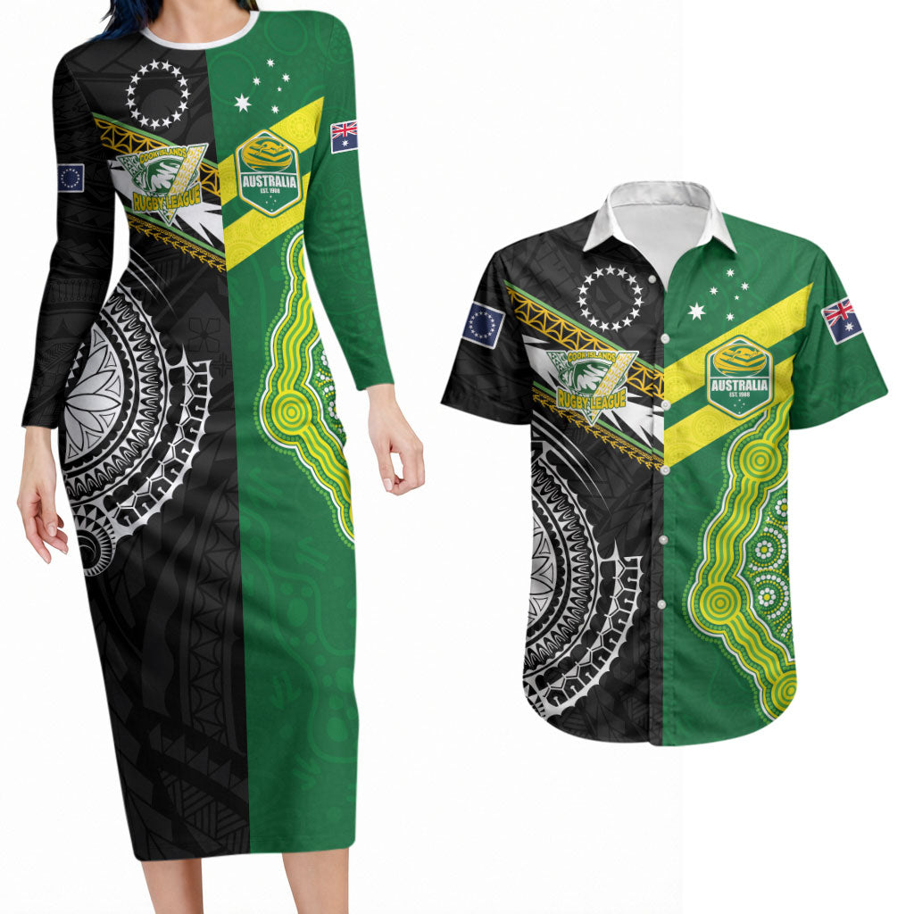 Custom Rugby Cook Islands and Australia Couples Matching Long Sleeve Bodycon Dress and Hawaiian Shirt Tatau Tribal with Aboriginal Chevron Sport Style