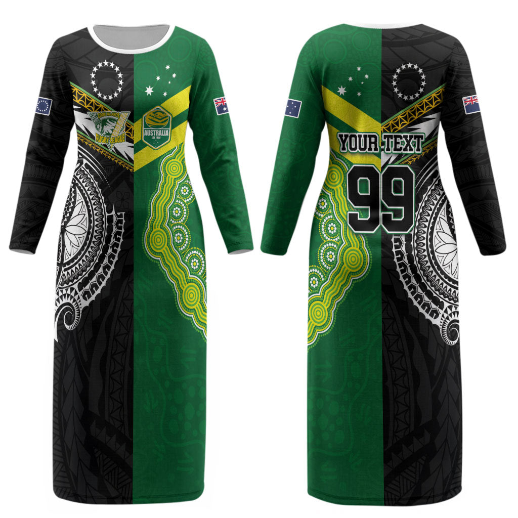 Custom Rugby Cook Islands and Australia Couples Matching Long Sleeve Bodycon Dress and Hawaiian Shirt Tatau Tribal with Aboriginal Chevron Sport Style