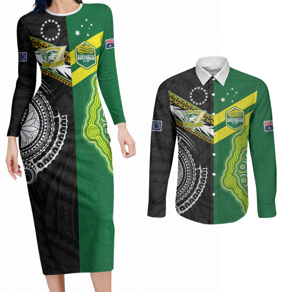 Custom Rugby Cook Islands and Australia Couples Matching Long Sleeve Bodycon Dress and Long Sleeve Button Shirt Tatau Tribal with Aboriginal Chevron Sport Style