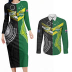 Custom Rugby Cook Islands and Australia Couples Matching Long Sleeve Bodycon Dress and Long Sleeve Button Shirt Tatau Tribal with Aboriginal Chevron Sport Style