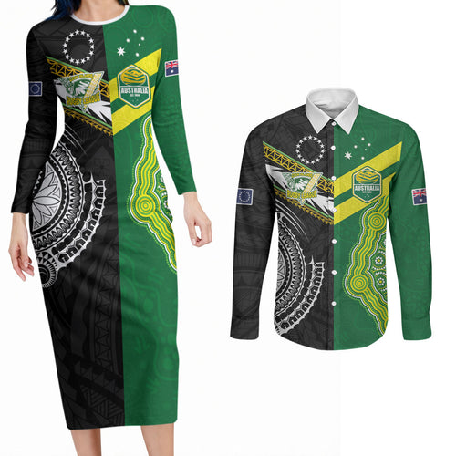 Custom Rugby Cook Islands and Australia Couples Matching Long Sleeve Bodycon Dress and Long Sleeve Button Shirt Tatau Tribal with Aboriginal Chevron Sport Style