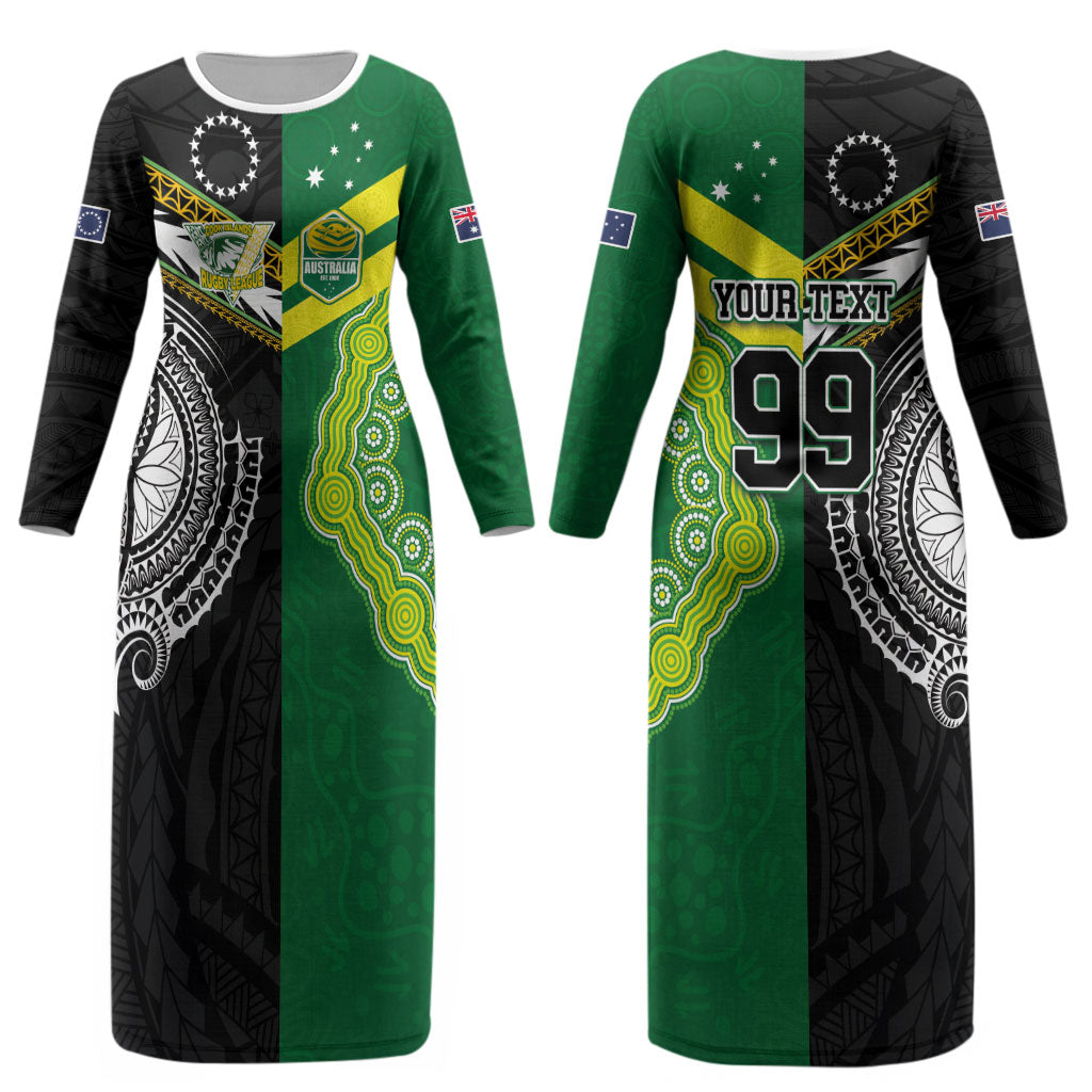 Custom Rugby Cook Islands and Australia Couples Matching Long Sleeve Bodycon Dress and Long Sleeve Button Shirt Tatau Tribal with Aboriginal Chevron Sport Style