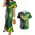 Custom Rugby Cook Islands and Australia Couples Matching Mermaid Dress and Hawaiian Shirt Tatau Tribal with Aboriginal Chevron Sport Style