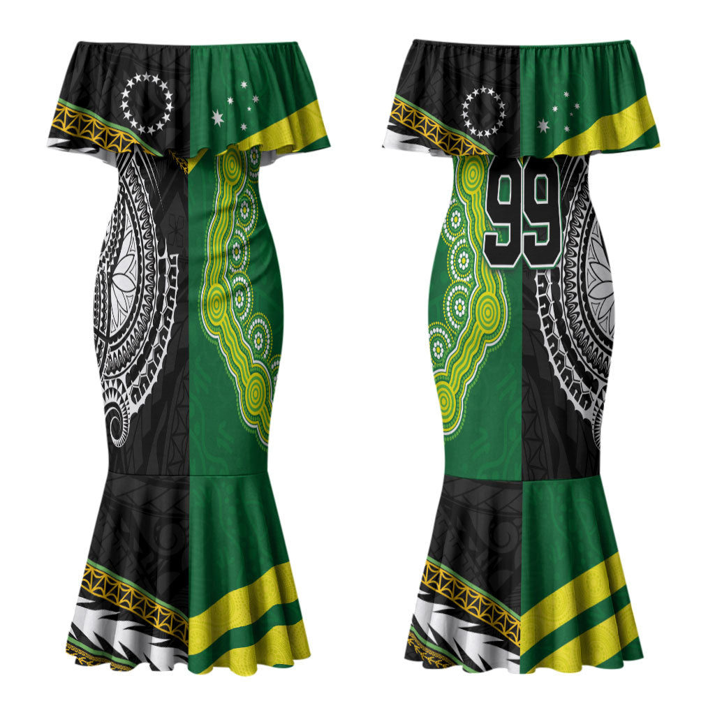 Custom Rugby Cook Islands and Australia Couples Matching Mermaid Dress and Hawaiian Shirt Tatau Tribal with Aboriginal Chevron Sport Style