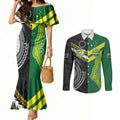 Custom Rugby Cook Islands and Australia Couples Matching Mermaid Dress and Long Sleeve Button Shirt Tatau Tribal with Aboriginal Chevron Sport Style