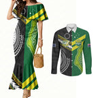 Custom Rugby Cook Islands and Australia Couples Matching Mermaid Dress and Long Sleeve Button Shirt Tatau Tribal with Aboriginal Chevron Sport Style