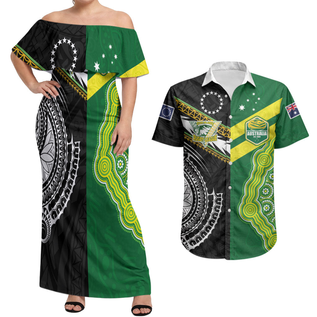 Custom Rugby Cook Islands and Australia Couples Matching Off Shoulder Maxi Dress and Hawaiian Shirt Tatau Tribal with Aboriginal Chevron Sport Style
