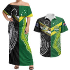 Custom Rugby Cook Islands and Australia Couples Matching Off Shoulder Maxi Dress and Hawaiian Shirt Tatau Tribal with Aboriginal Chevron Sport Style