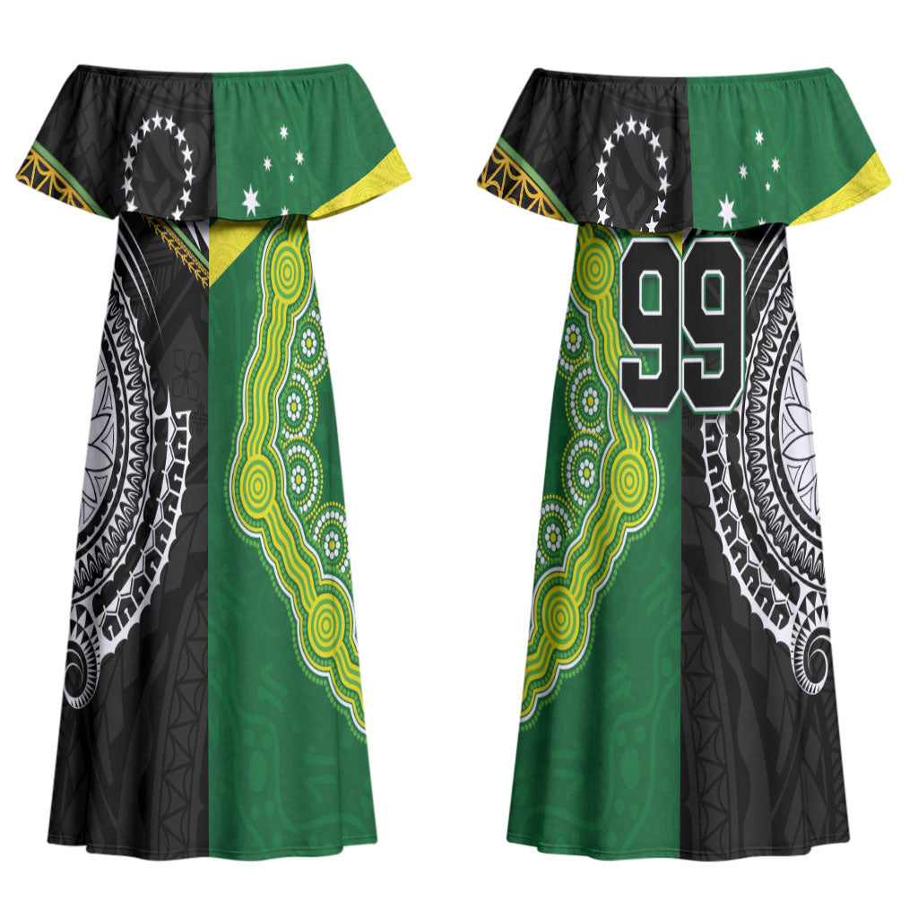 Custom Rugby Cook Islands and Australia Couples Matching Off Shoulder Maxi Dress and Hawaiian Shirt Tatau Tribal with Aboriginal Chevron Sport Style