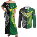 Custom Rugby Cook Islands and Australia Couples Matching Off Shoulder Maxi Dress and Long Sleeve Button Shirt Tatau Tribal with Aboriginal Chevron Sport Style