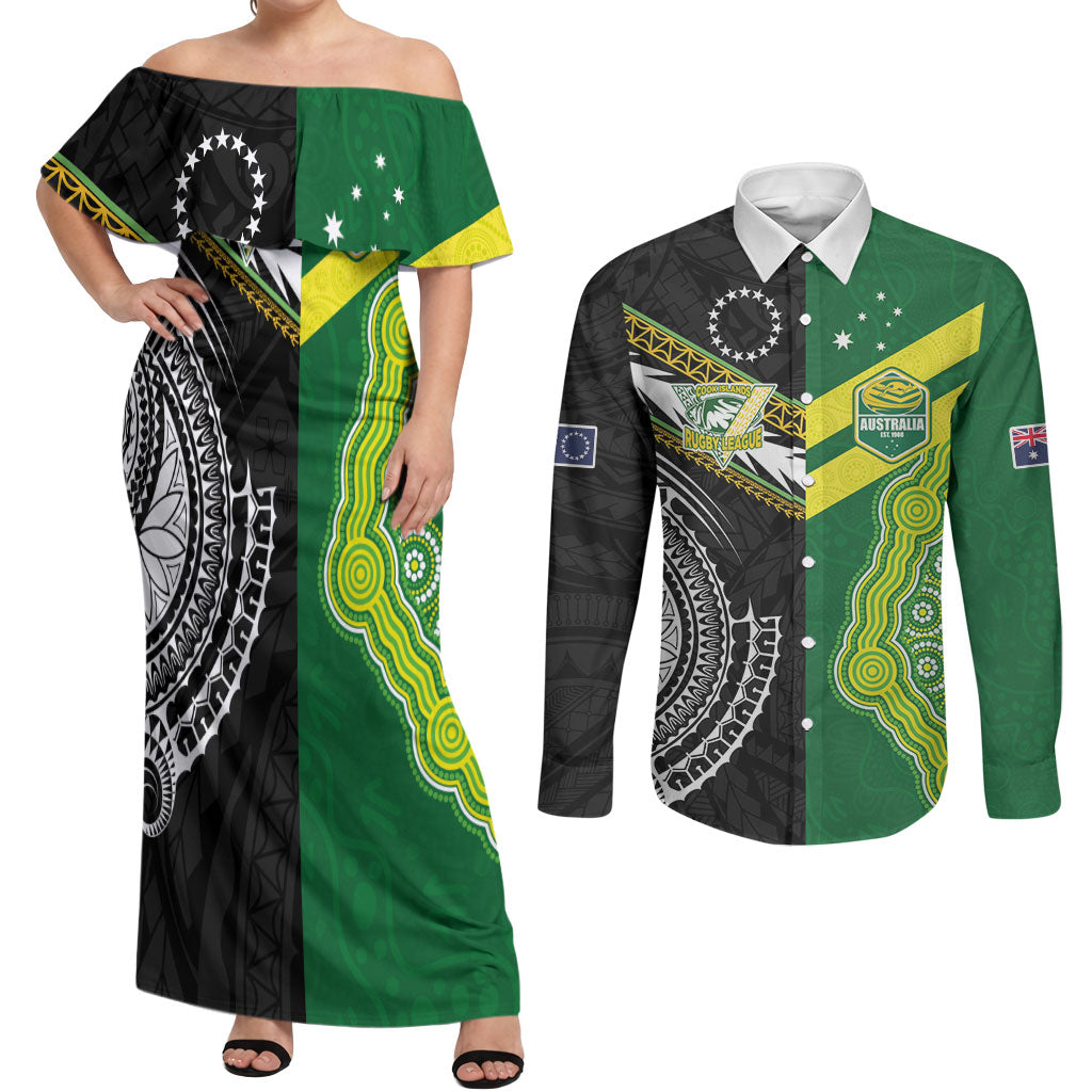 Custom Rugby Cook Islands and Australia Couples Matching Off Shoulder Maxi Dress and Long Sleeve Button Shirt Tatau Tribal with Aboriginal Chevron Sport Style