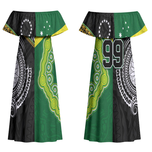 Custom Rugby Cook Islands and Australia Couples Matching Off Shoulder Maxi Dress and Long Sleeve Button Shirt Tatau Tribal with Aboriginal Chevron Sport Style