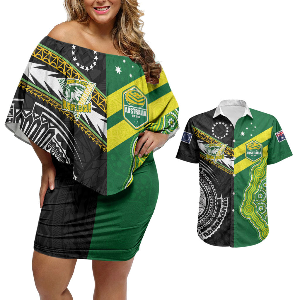 Custom Rugby Cook Islands and Australia Couples Matching Off Shoulder Short Dress and Hawaiian Shirt Tatau Tribal with Aboriginal Chevron Sport Style