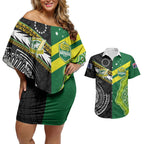 Custom Rugby Cook Islands and Australia Couples Matching Off Shoulder Short Dress and Hawaiian Shirt Tatau Tribal with Aboriginal Chevron Sport Style