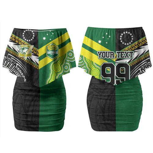 Custom Rugby Cook Islands and Australia Couples Matching Off Shoulder Short Dress and Hawaiian Shirt Tatau Tribal with Aboriginal Chevron Sport Style