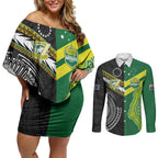 Custom Rugby Cook Islands and Australia Couples Matching Off Shoulder Short Dress and Long Sleeve Button Shirt Tatau Tribal with Aboriginal Chevron Sport Style