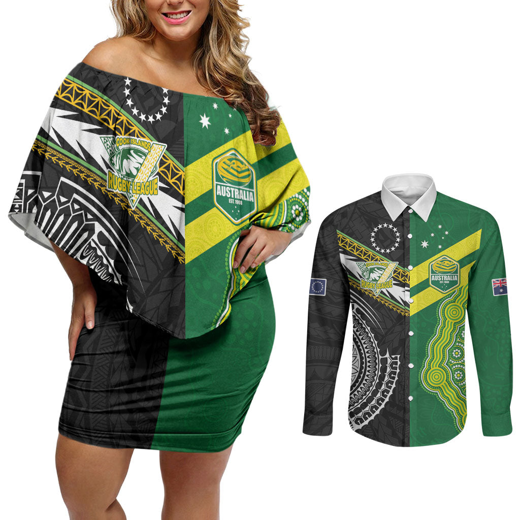 Custom Rugby Cook Islands and Australia Couples Matching Off Shoulder Short Dress and Long Sleeve Button Shirt Tatau Tribal with Aboriginal Chevron Sport Style