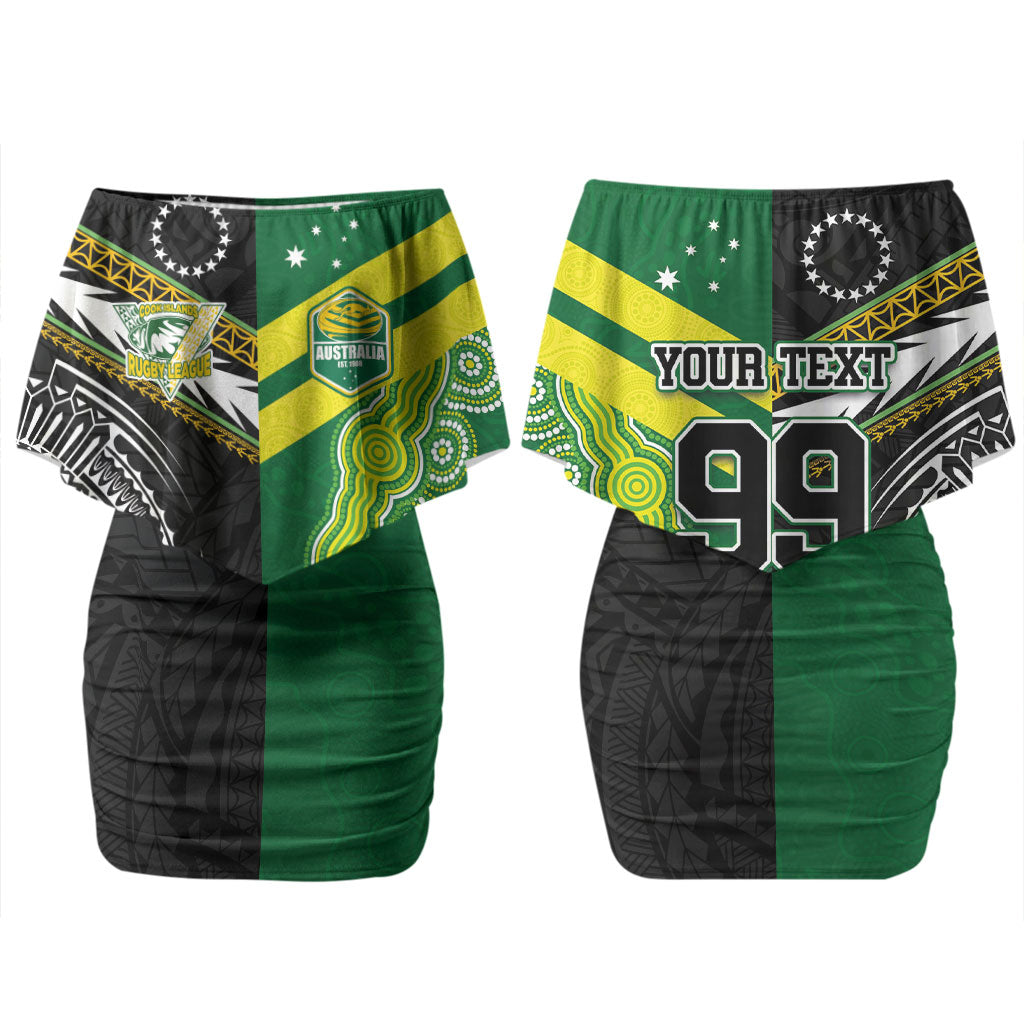 Custom Rugby Cook Islands and Australia Couples Matching Off Shoulder Short Dress and Long Sleeve Button Shirt Tatau Tribal with Aboriginal Chevron Sport Style