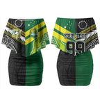 Custom Rugby Cook Islands and Australia Couples Matching Off Shoulder Short Dress and Long Sleeve Button Shirt Tatau Tribal with Aboriginal Chevron Sport Style