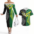 Custom Rugby Cook Islands and Australia Couples Matching Off The Shoulder Long Sleeve Dress and Hawaiian Shirt Tatau Tribal with Aboriginal Chevron Sport Style