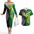 Custom Rugby Cook Islands and Australia Couples Matching Off The Shoulder Long Sleeve Dress and Hawaiian Shirt Tatau Tribal with Aboriginal Chevron Sport Style