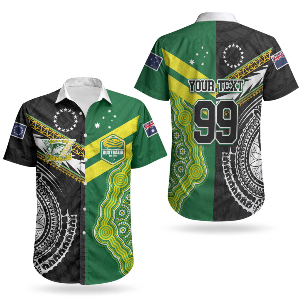 Custom Rugby Cook Islands and Australia Couples Matching Off The Shoulder Long Sleeve Dress and Hawaiian Shirt Tatau Tribal with Aboriginal Chevron Sport Style