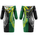 Custom Rugby Cook Islands and Australia Couples Matching Off The Shoulder Long Sleeve Dress and Hawaiian Shirt Tatau Tribal with Aboriginal Chevron Sport Style