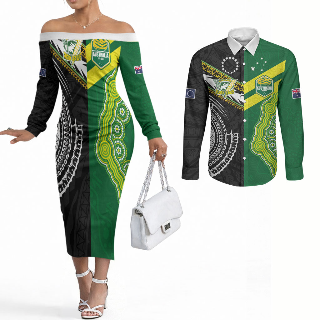 Custom Rugby Cook Islands and Australia Couples Matching Off The Shoulder Long Sleeve Dress and Long Sleeve Button Shirt Tatau Tribal with Aboriginal Chevron Sport Style