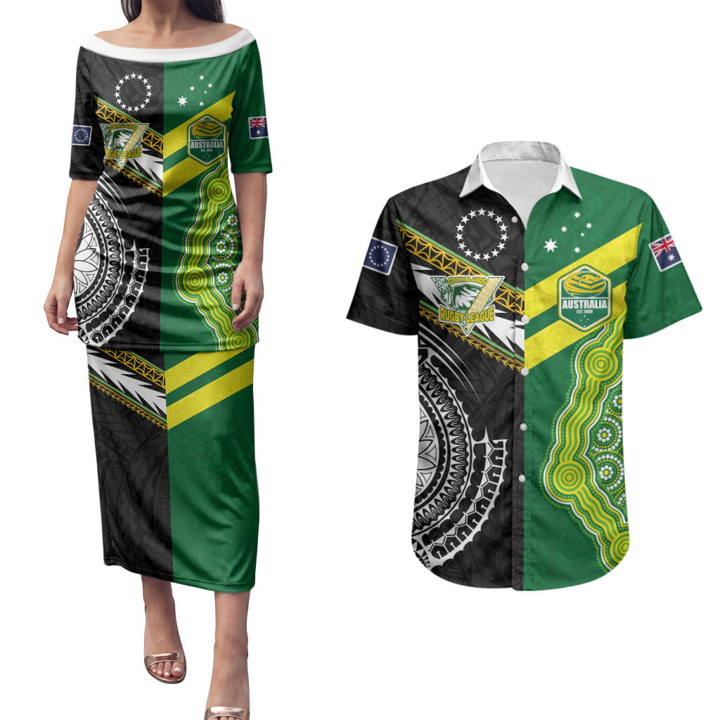 Custom Rugby Cook Islands and Australia Couples Matching Puletasi and Hawaiian Shirt Tatau Tribal with Aboriginal Chevron Sport Style