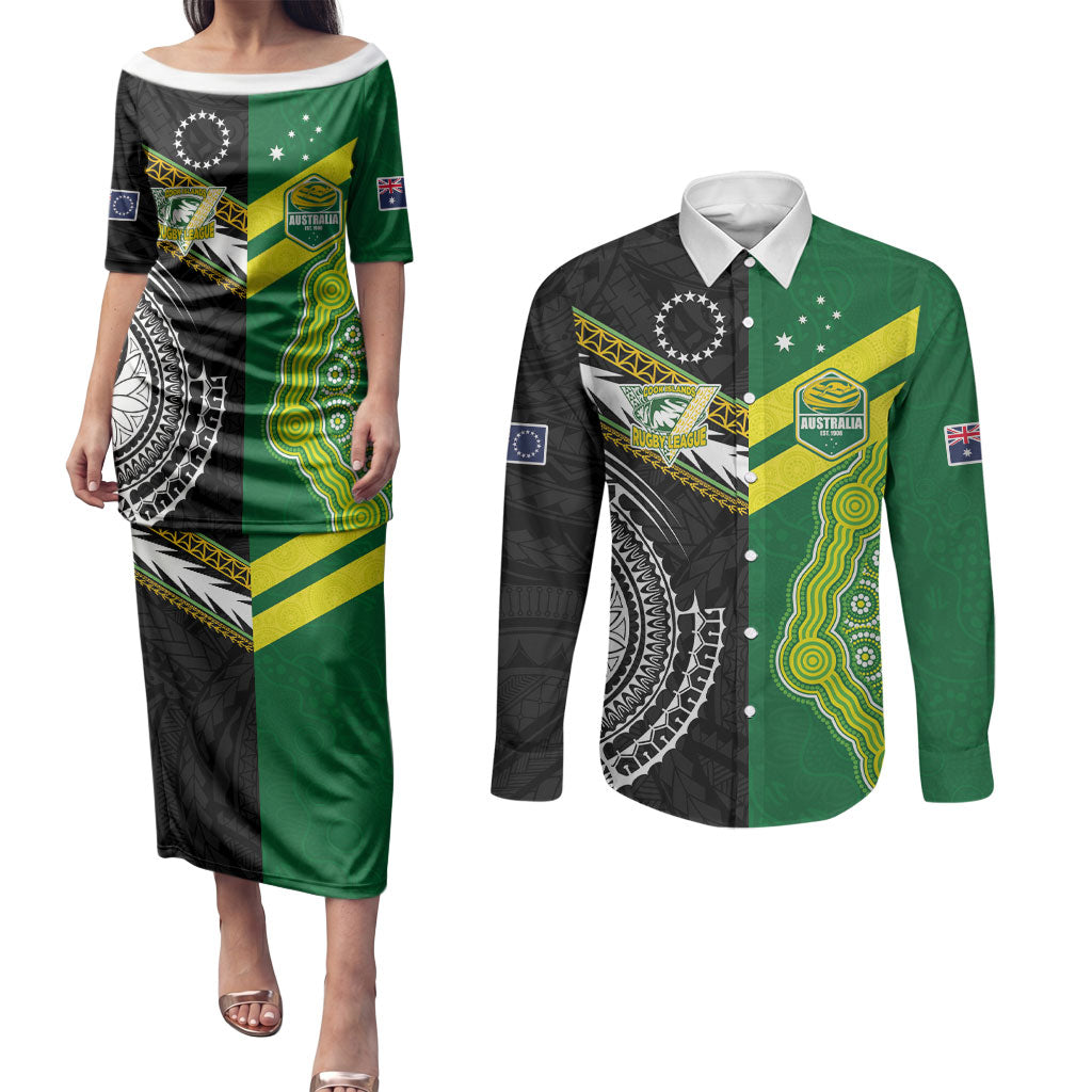 Custom Rugby Cook Islands and Australia Couples Matching Puletasi and Long Sleeve Button Shirt Tatau Tribal with Aboriginal Chevron Sport Style