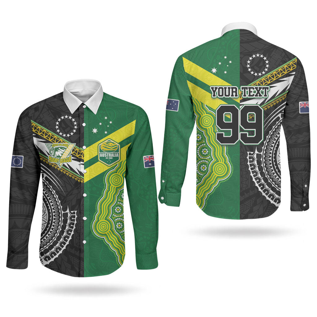 Custom Rugby Cook Islands and Australia Couples Matching Puletasi and Long Sleeve Button Shirt Tatau Tribal with Aboriginal Chevron Sport Style