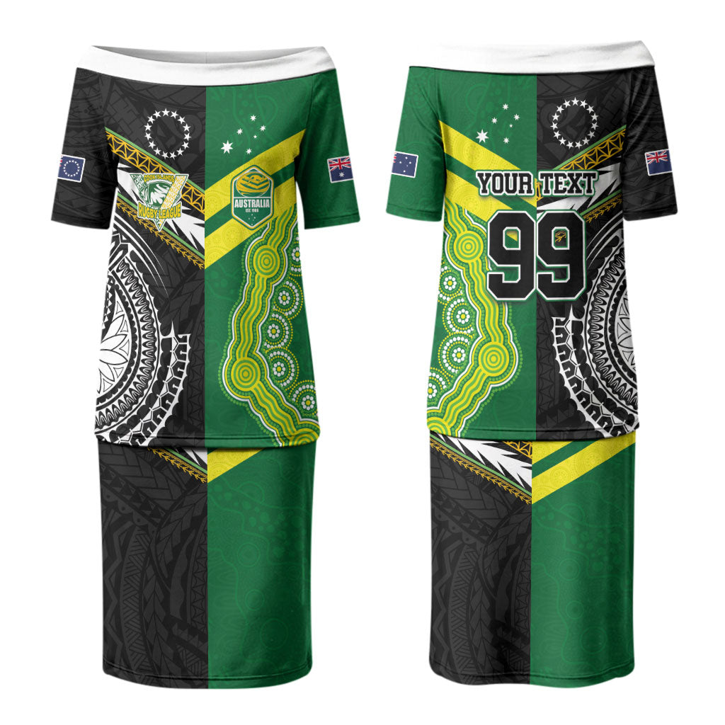 Custom Rugby Cook Islands and Australia Couples Matching Puletasi and Long Sleeve Button Shirt Tatau Tribal with Aboriginal Chevron Sport Style