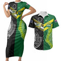 Custom Rugby Cook Islands and Australia Couples Matching Short Sleeve Bodycon Dress and Hawaiian Shirt Tatau Tribal with Aboriginal Chevron Sport Style
