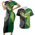 Custom Rugby Cook Islands and Australia Couples Matching Short Sleeve Bodycon Dress and Hawaiian Shirt Tatau Tribal with Aboriginal Chevron Sport Style