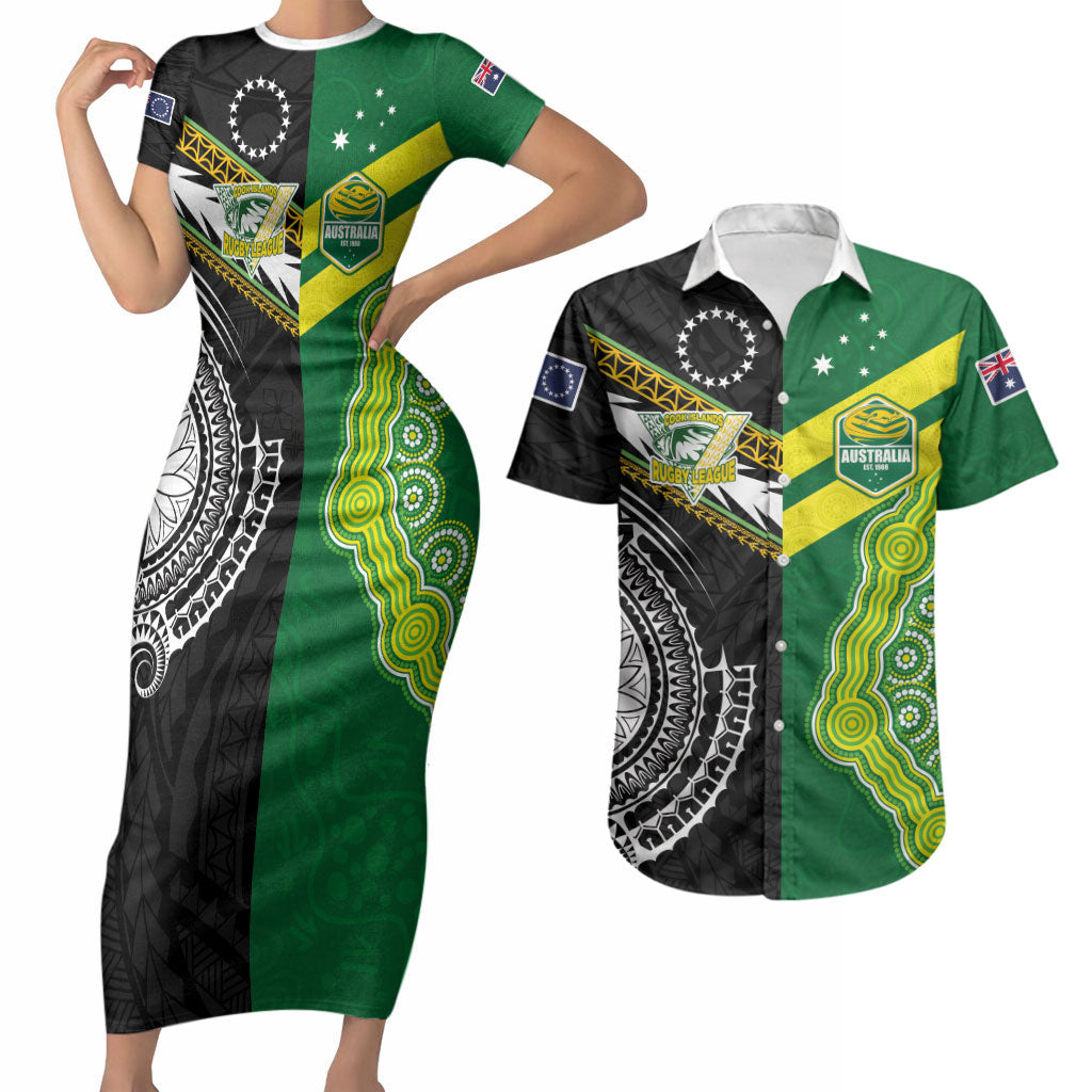 Custom Rugby Cook Islands and Australia Couples Matching Short Sleeve Bodycon Dress and Hawaiian Shirt Tatau Tribal with Aboriginal Chevron Sport Style