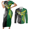 Custom Rugby Cook Islands and Australia Couples Matching Short Sleeve Bodycon Dress and Long Sleeve Button Shirt Tatau Tribal with Aboriginal Chevron Sport Style