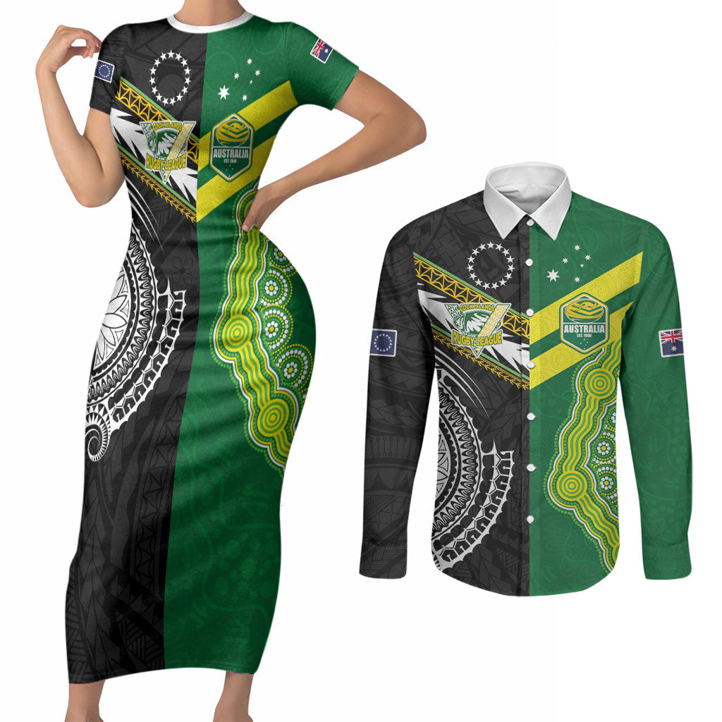 Custom Rugby Cook Islands and Australia Couples Matching Short Sleeve Bodycon Dress and Long Sleeve Button Shirt Tatau Tribal with Aboriginal Chevron Sport Style