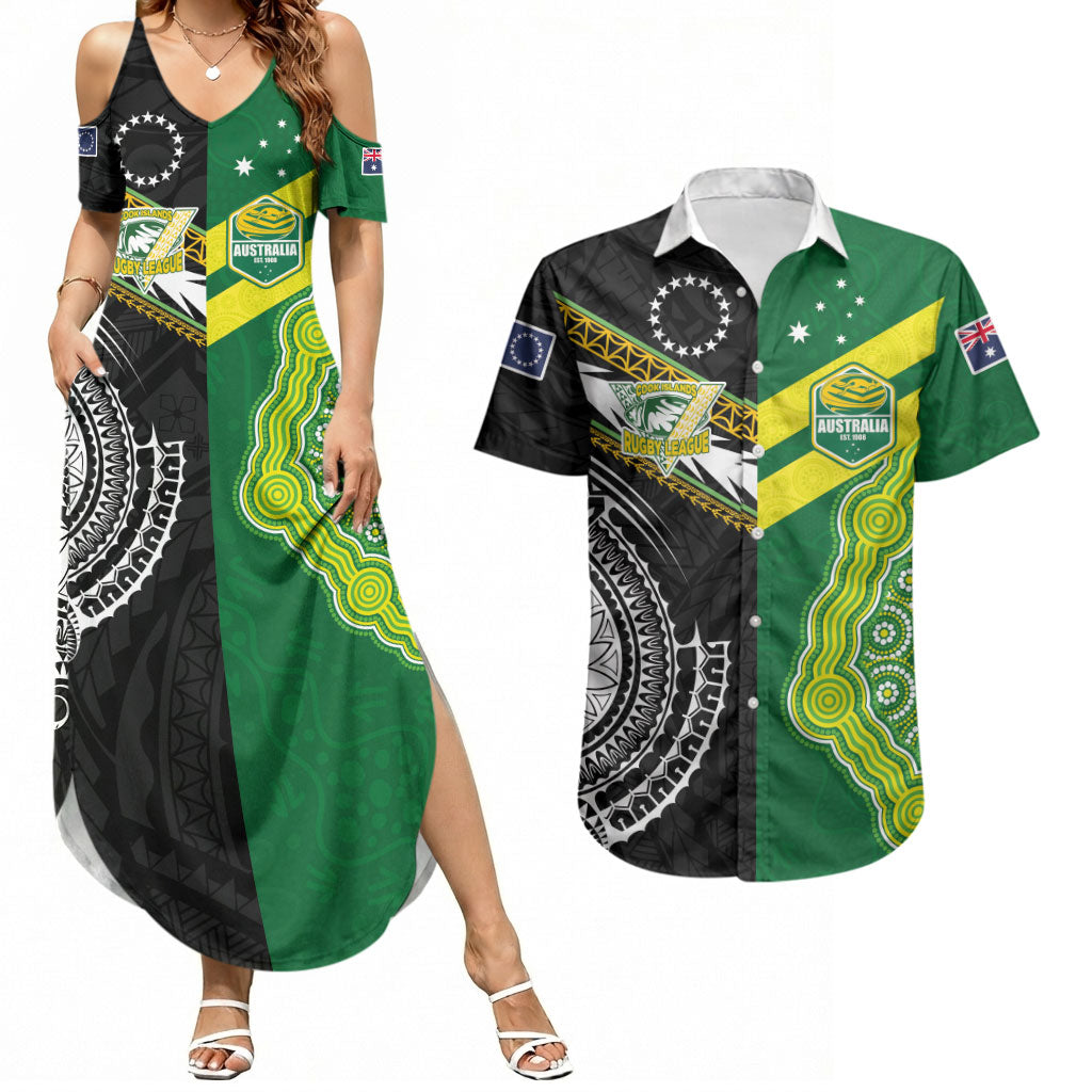 Custom Rugby Cook Islands and Australia Couples Matching Summer Maxi Dress and Hawaiian Shirt Tatau Tribal with Aboriginal Chevron Sport Style