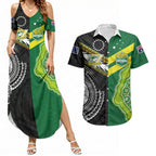 Custom Rugby Cook Islands and Australia Couples Matching Summer Maxi Dress and Hawaiian Shirt Tatau Tribal with Aboriginal Chevron Sport Style