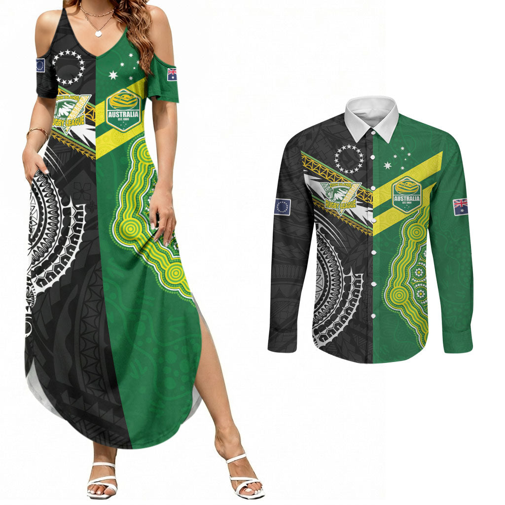 Custom Rugby Cook Islands and Australia Couples Matching Summer Maxi Dress and Long Sleeve Button Shirt Tatau Tribal with Aboriginal Chevron Sport Style