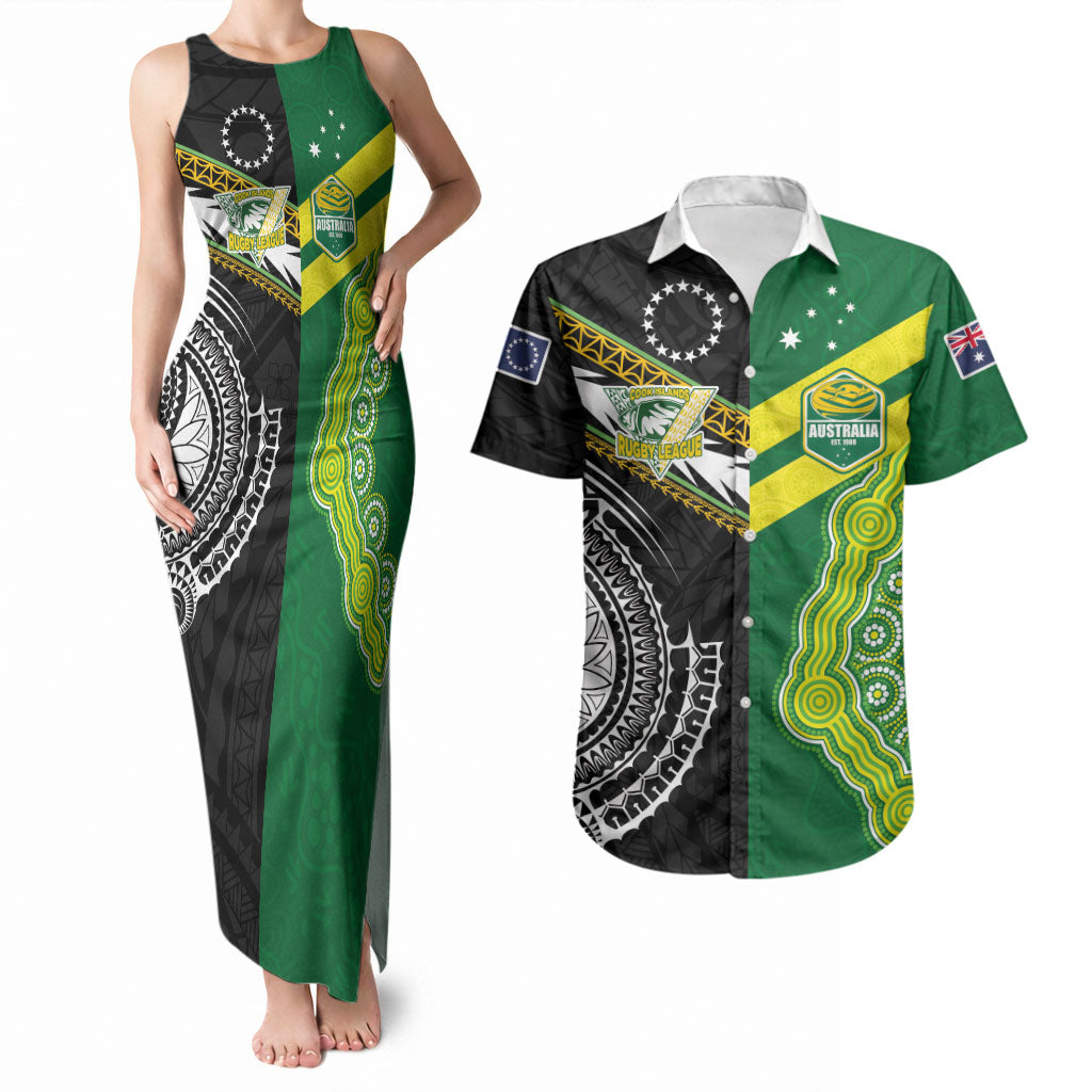 Custom Rugby Cook Islands and Australia Couples Matching Tank Maxi Dress and Hawaiian Shirt Tatau Tribal with Aboriginal Chevron Sport Style