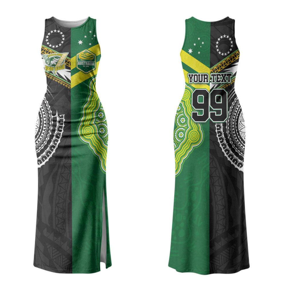 Custom Rugby Cook Islands and Australia Couples Matching Tank Maxi Dress and Hawaiian Shirt Tatau Tribal with Aboriginal Chevron Sport Style