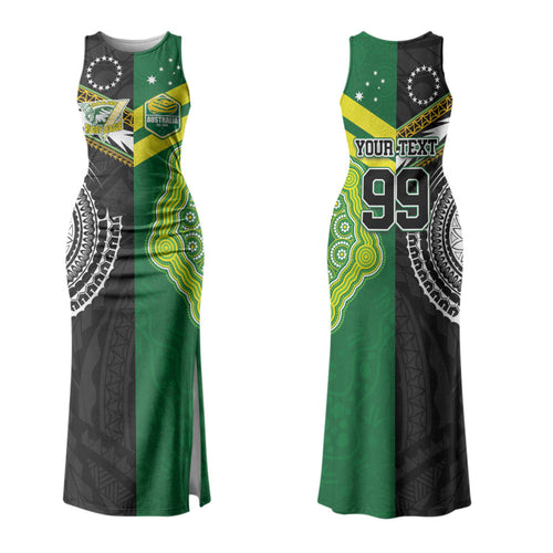 Custom Rugby Cook Islands and Australia Couples Matching Tank Maxi Dress and Hawaiian Shirt Tatau Tribal with Aboriginal Chevron Sport Style