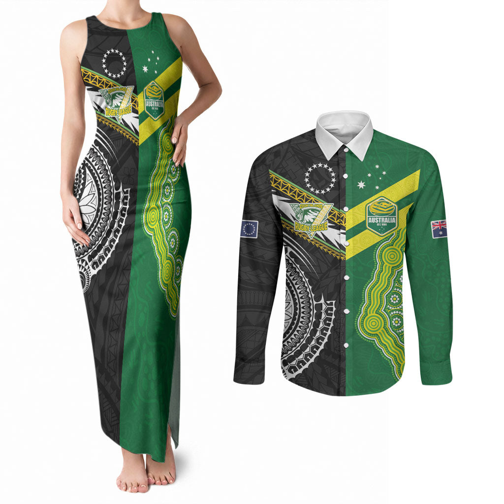 Custom Rugby Cook Islands and Australia Couples Matching Tank Maxi Dress and Long Sleeve Button Shirt Tatau Tribal with Aboriginal Chevron Sport Style