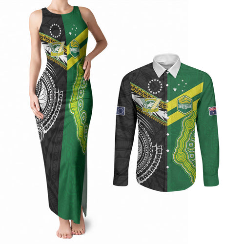 Custom Rugby Cook Islands and Australia Couples Matching Tank Maxi Dress and Long Sleeve Button Shirt Tatau Tribal with Aboriginal Chevron Sport Style