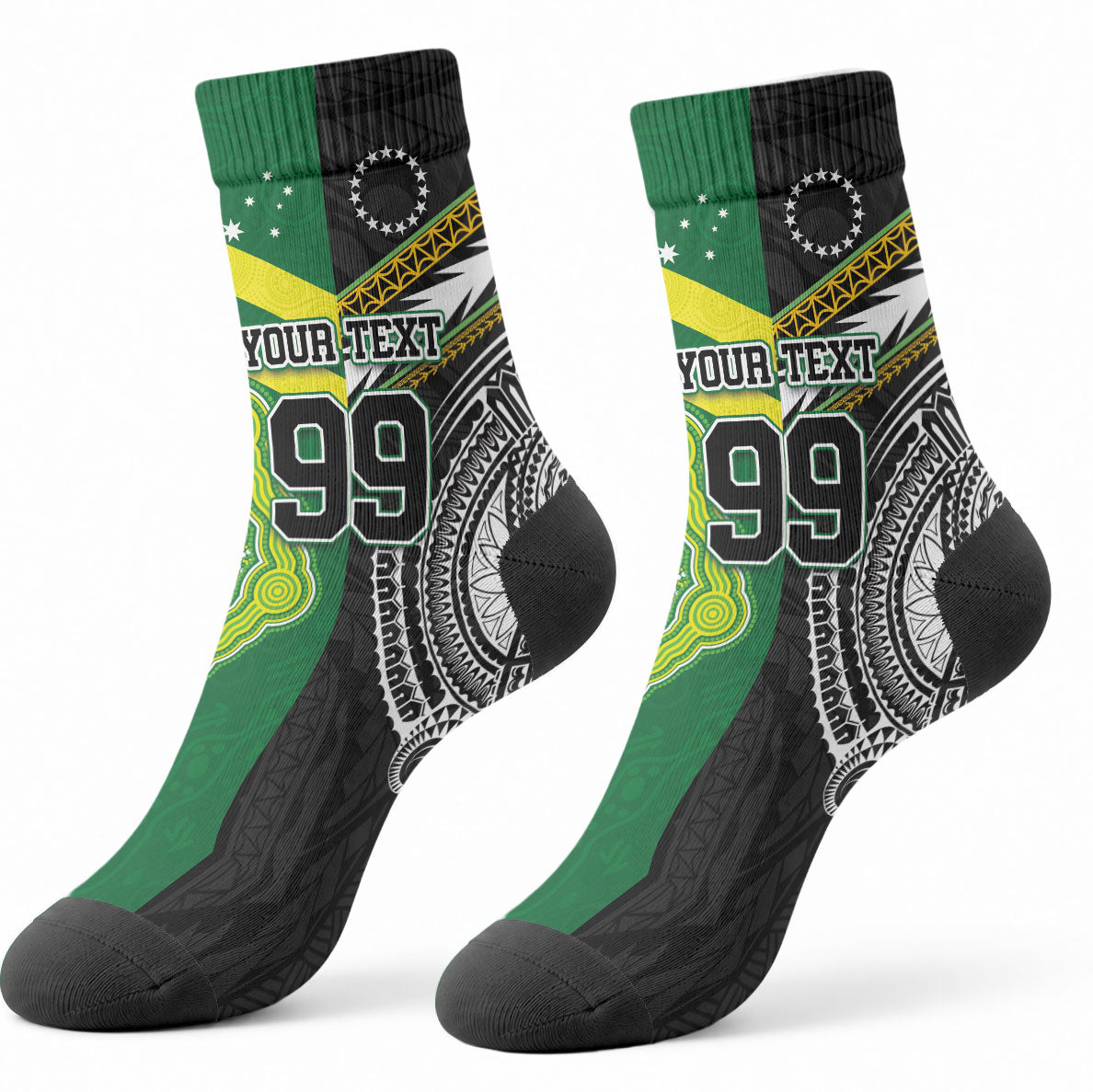 Custom Rugby Cook Islands and Australia Crew Socks Tatau Tribal with Aboriginal Chevron Sport Style